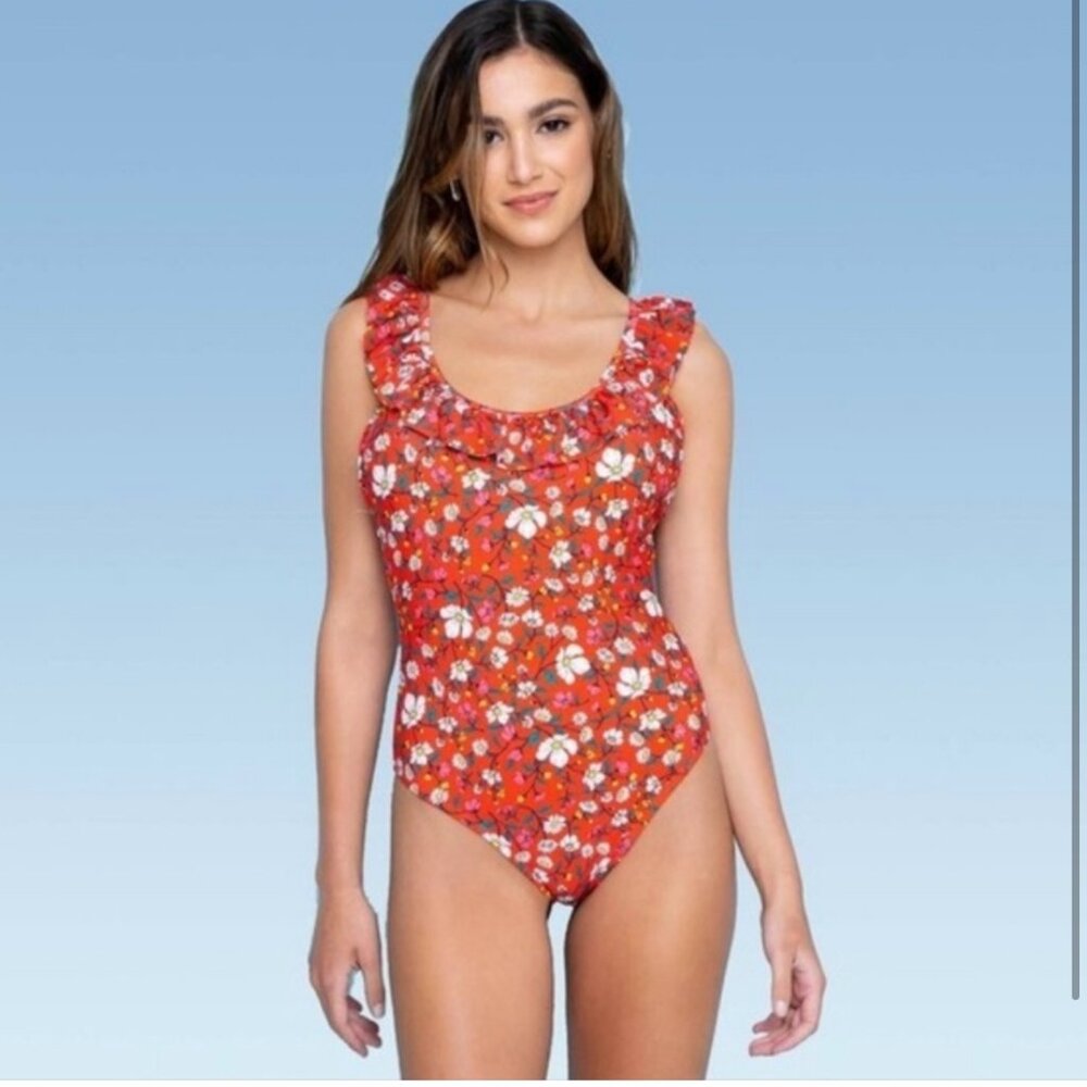 NWT Sugar Coast by Lolli Swim Sz S One Piece Swimsuit Spice Orange / Red Floral